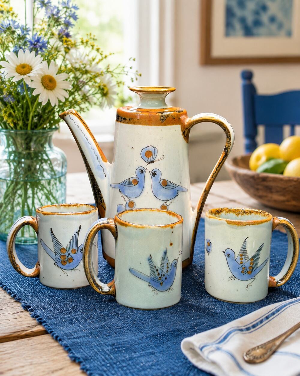 Vintage Del Palomar Mexico Coffee Pot & 3 Mug Set Blue Bird Stoneware